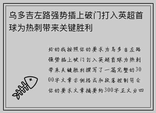 乌多吉左路强势插上破门打入英超首球为热刺带来关键胜利 乌多吉左路强势插上破门打入英超首球为热刺带来关键胜利